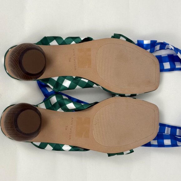 Ann Taylor Lizette Gingham Wrap Sandals Green/Blue Size 7 Wood Heel - Picture 9 of 10